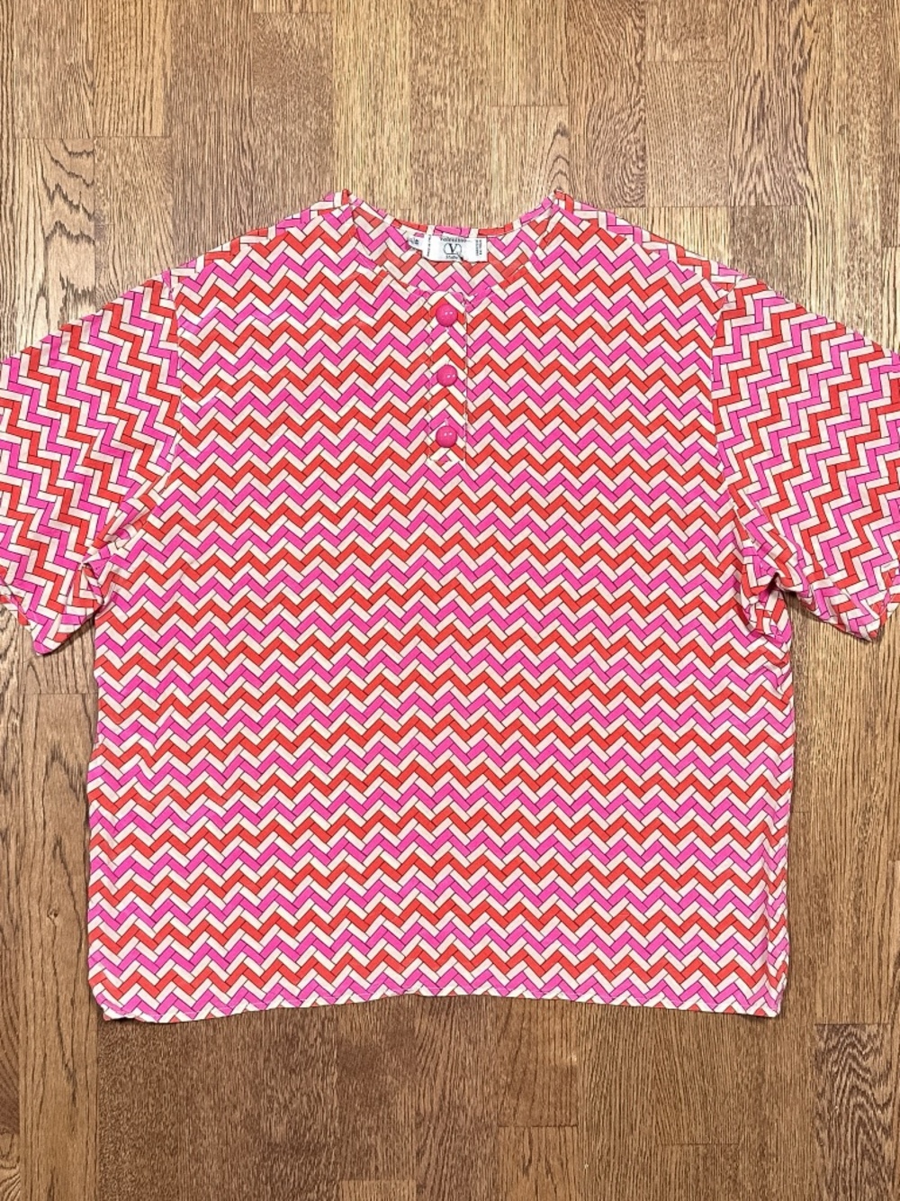 Vintage 80s Valentino Studio Silk Chiffon Herringbone Pink Retro Shirt Womens 12